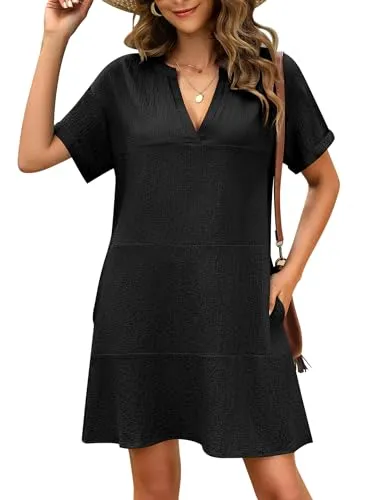 AI'MAGE Women's Cover Up Short Sleeve Bathing Suit Cover Ups V Neck Beach Coverup Dress with Pockets (Khaki Leaves, Small)