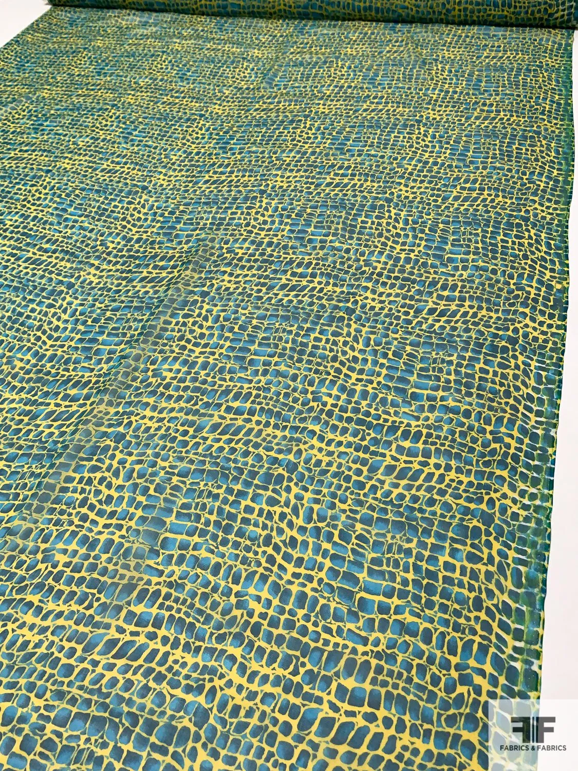 Animal-Like Pattern Printed Silk Chiffon - Bold Yellow / Shades of Blue