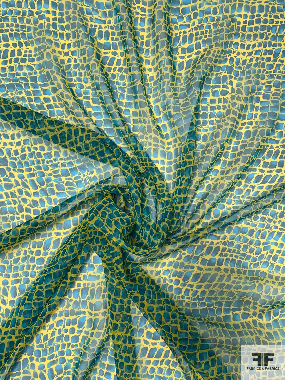 Animal-Like Pattern Printed Silk Chiffon - Bold Yellow / Shades of Blue