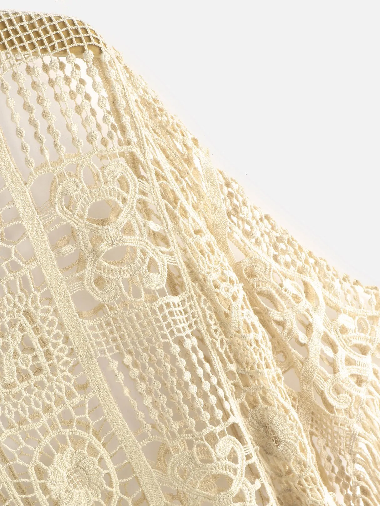 Beige V-Neck Short Sleeve Tassel Hollow Beachwear
