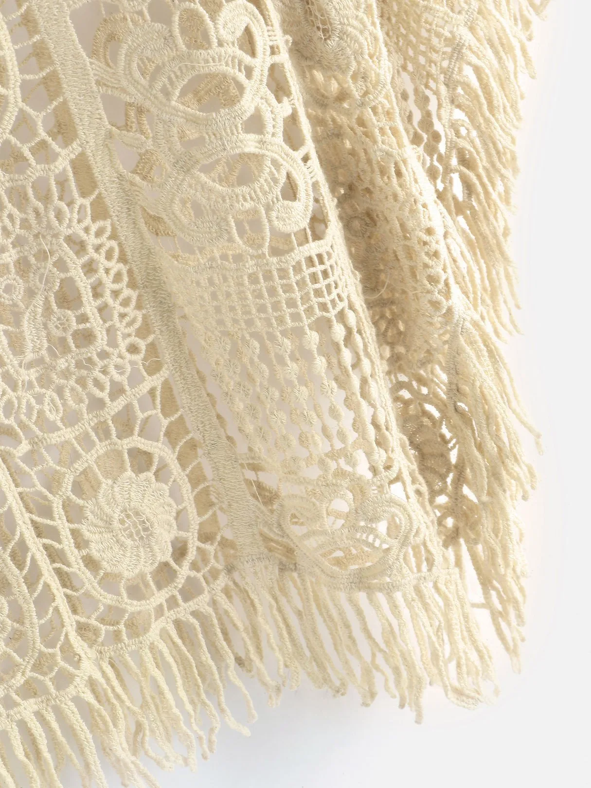 Beige V-Neck Short Sleeve Tassel Hollow Beachwear