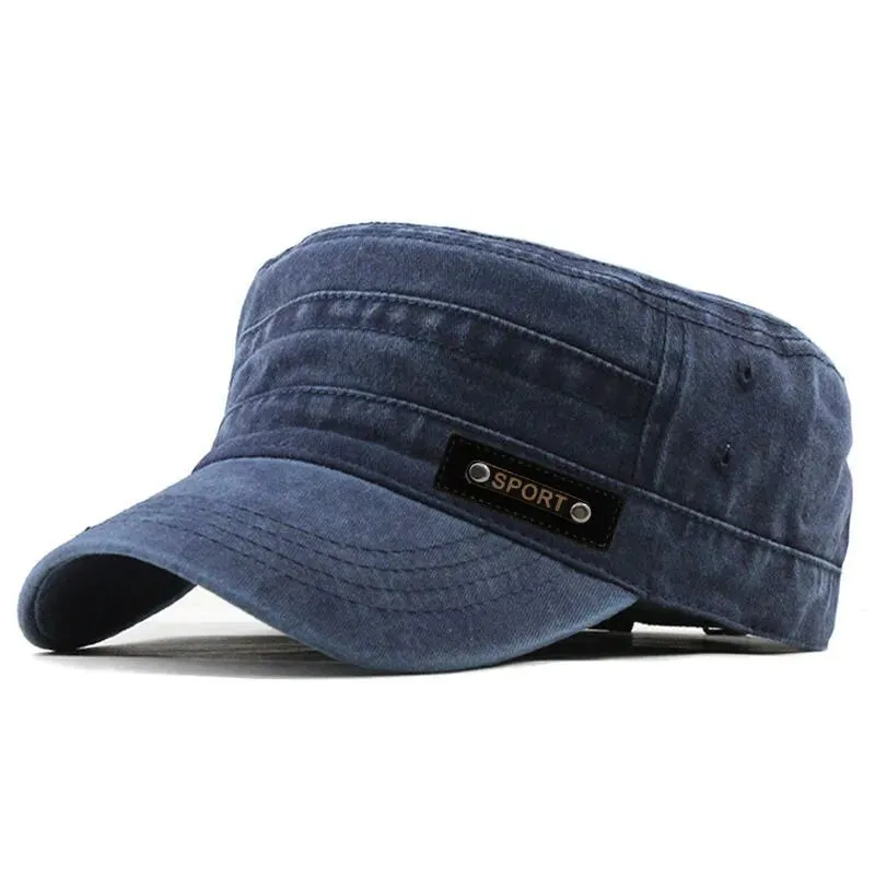Cotton Washable Flat Sun Proof Military Cap for Men