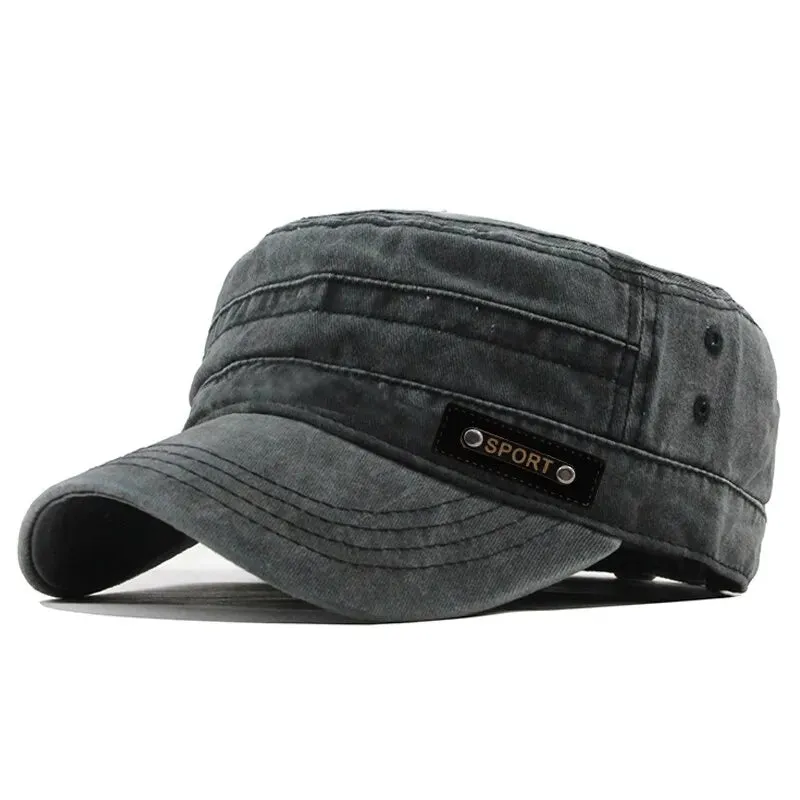 Cotton Washable Flat Sun Proof Military Cap for Men