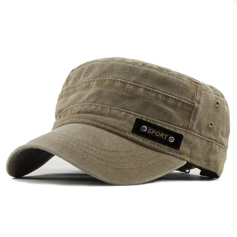 Cotton Washable Flat Sun Proof Military Cap for Men