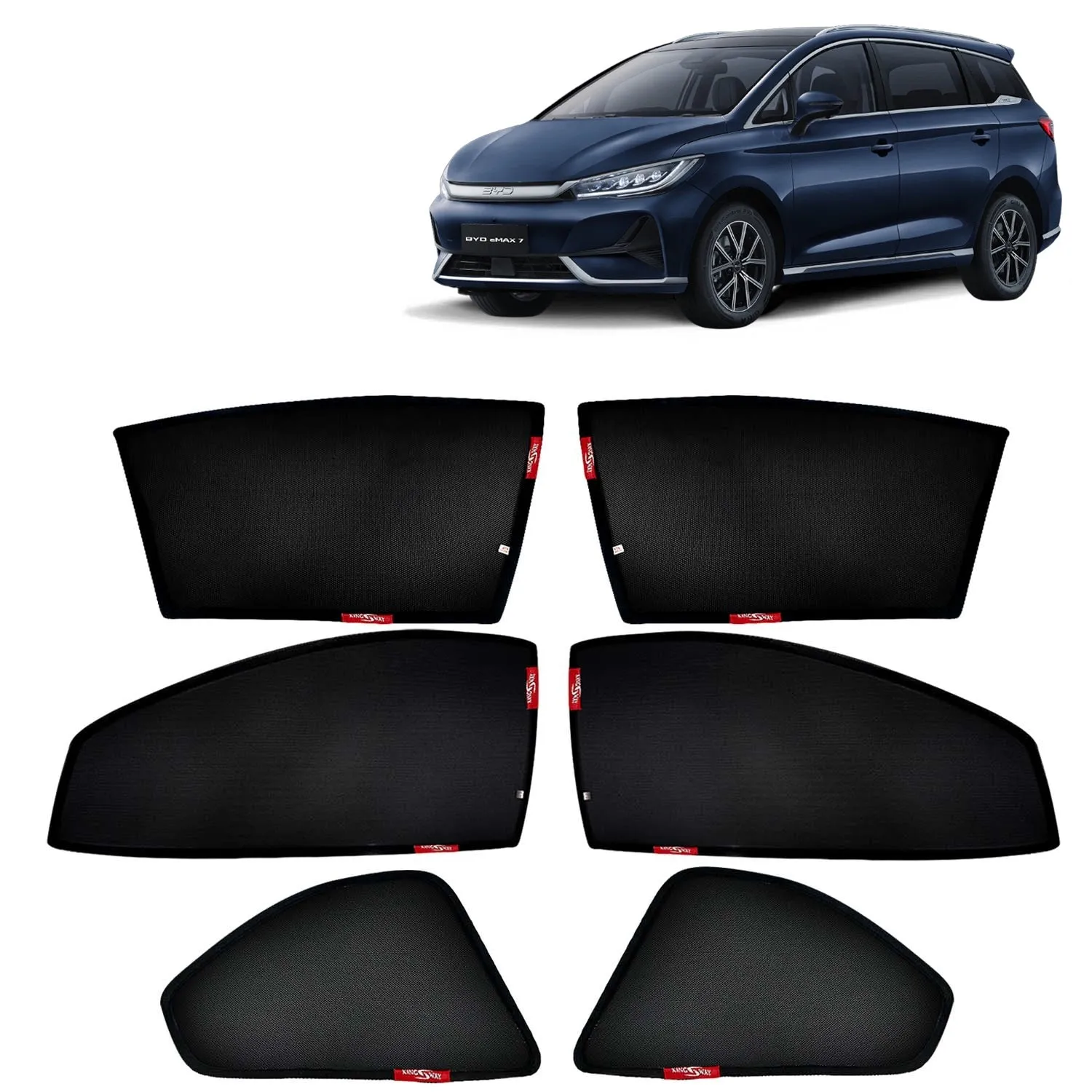 KINGSWAY® eMAX7 Car Sun Shade Z-Black Non Magnetic Fix Type Curtains for 2024 Onwards Model, Compatible with BYD eMAX7 Side Window Car Sunshade, Only Half Cut in Front Window, Black, 6 Piece