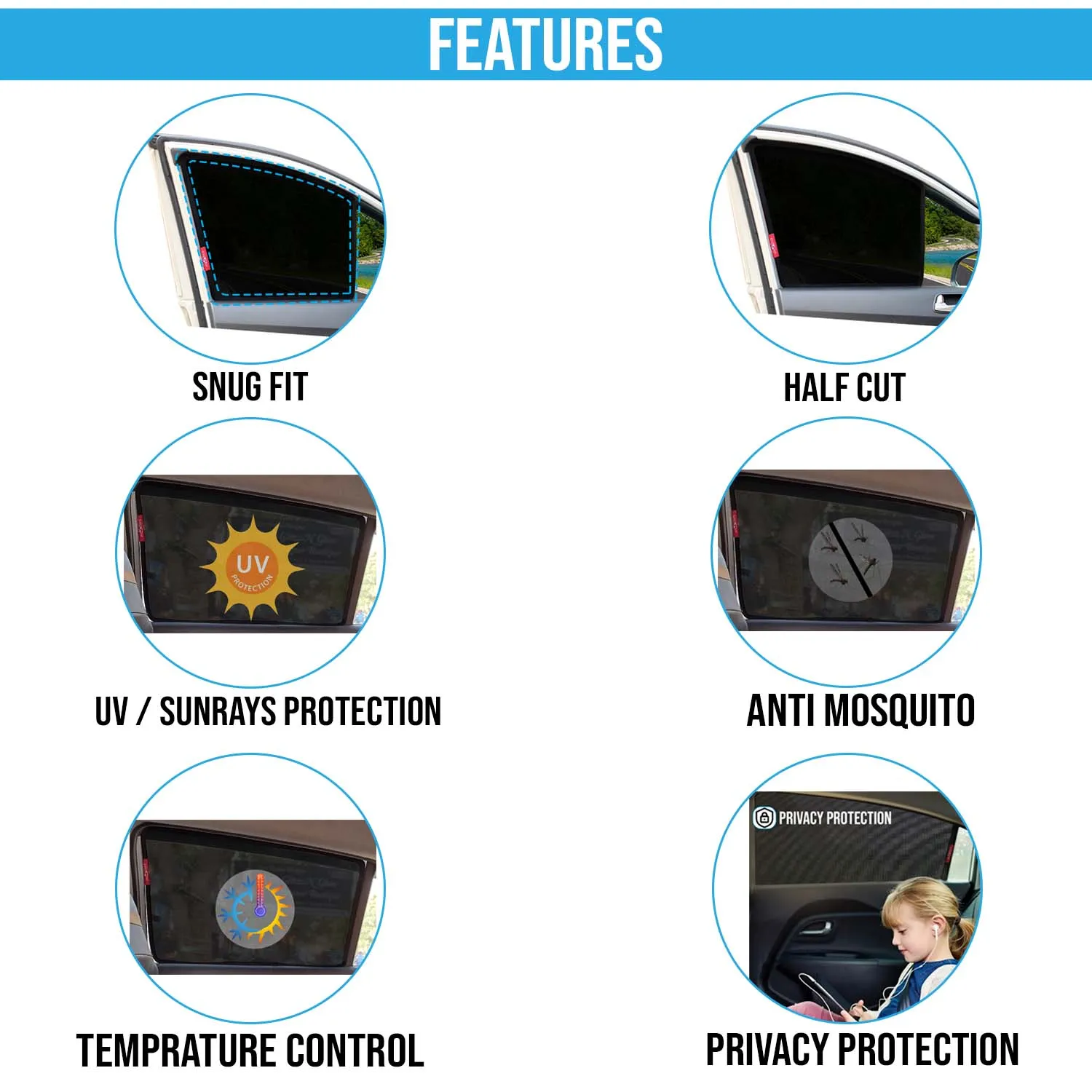 KINGSWAY® eMAX7 Car Sun Shade Z-Black Non Magnetic Fix Type Curtains for 2024 Onwards Model, Compatible with BYD eMAX7 Side Window Car Sunshade, Only Half Cut in Front Window, Black, 6 Piece