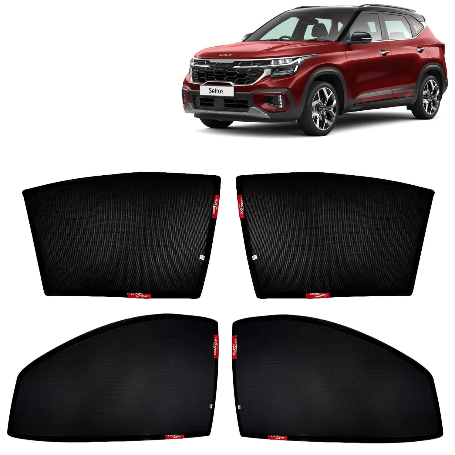 KINGSWAY® Seltos Car Sun Shade Z-Black Non Magnetic Fix Type Curtains for 2023 Onwards Model, Compatible with Kia Seltos Side Window Car Sunshade, Only Half Cut in Front Window, Black, 4 Piece