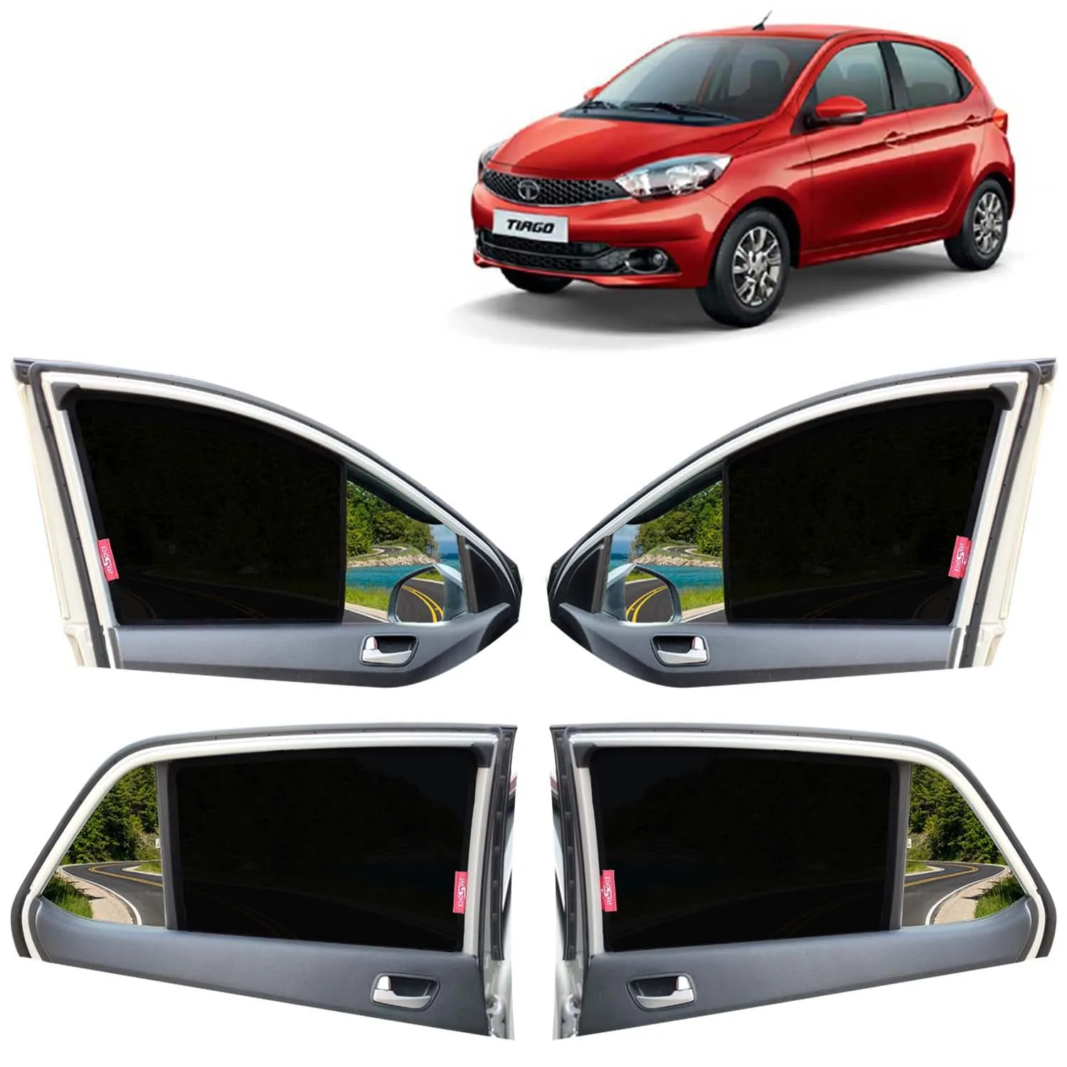 KINGSWAY® Tiago Car Sun Shade Z-Black Non Magnetic Fix Type Curtains for 2016 to 2020 Model, Compatible with Tata Tiago Side Window Car Sunshade, Only Half Cut in Front Window, Black, 4 Piece