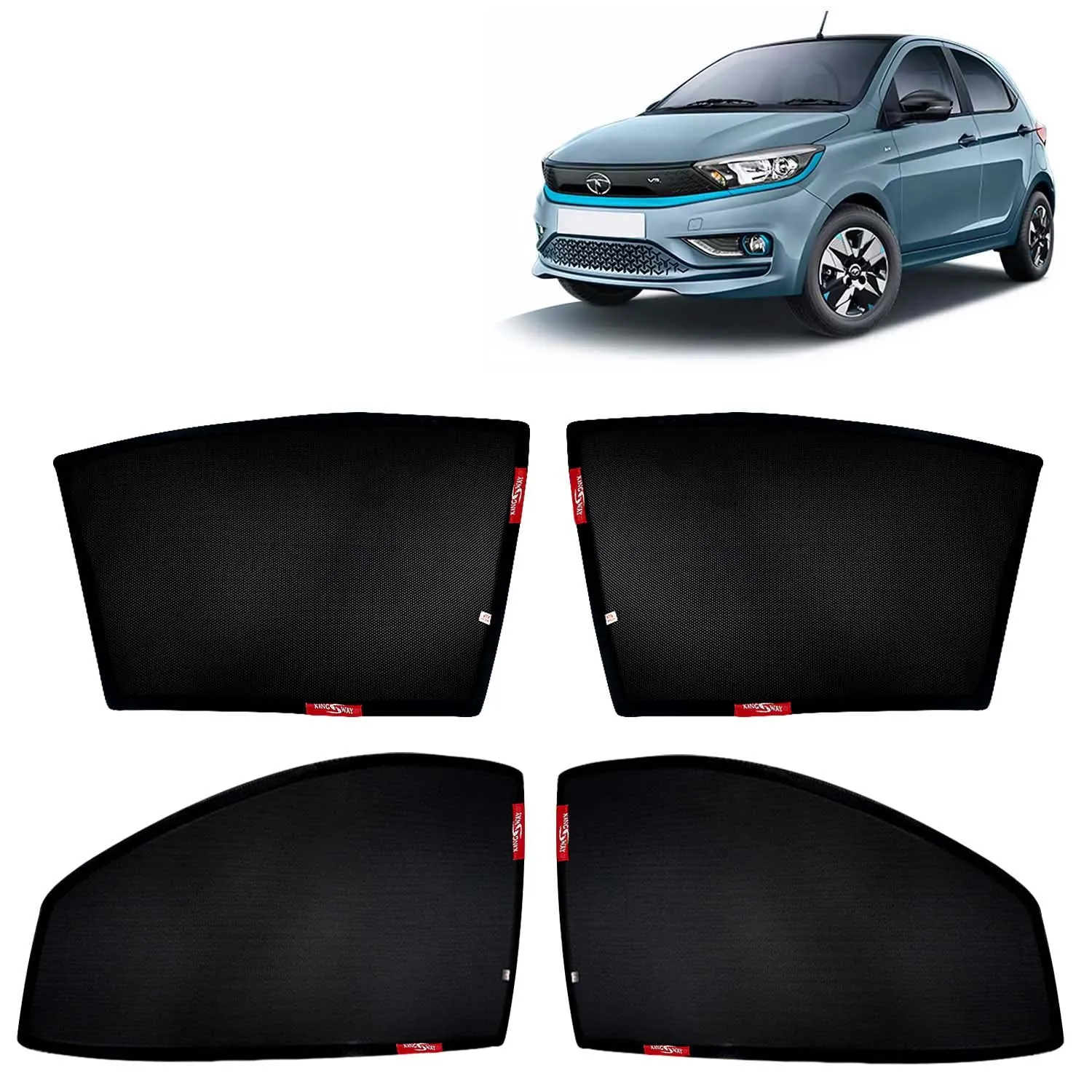 KINGSWAY® Tiago EV Car Sun Shade Z-Black Non Magnetic Fix Type Curtains for 2023 Onwards Model, Compatible with Tata Tiago EV Side Window Car Sunshade, Only Half Cut in Front Window, Black, 4 Piece